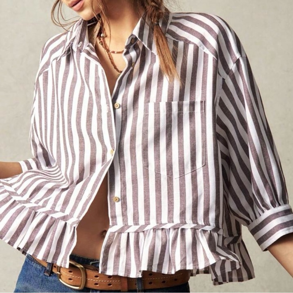 Striped Button-Up Ruffle Hem Blouse - Picture 4 of 7